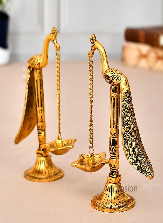 أسينشين مصباح زيت معدني مصنوع يدويًا من Ascension، زوج واحد من مصابيح الزيت الطويلة على شكل طاووس، مناسب لغرفة الصلاة والمكتب المنزلي، سلسلة معلقة، ديباك، زينة منزلية لعيد ديوالي، هدايا ومستلزمات تزيين الصلاة - Image 2